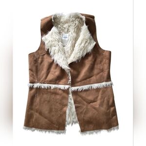 Hollister Women's Vegan Suede Vest Size S Western Open Front Sherpa Lining Brown
